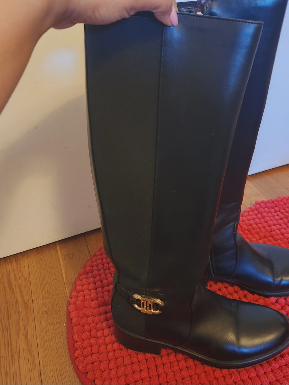 Tall Black Riding Boots with Gold Buckle Accent